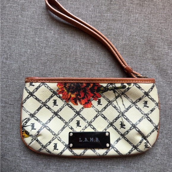 L.A.M.B. Cream Floral Lattice Wristlet with Brown Trim - Picture 4 of 12